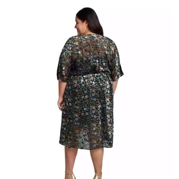 Modcloth Velvet Dress XS Floral Black Faux Wrap Burnout V Neck Knee Length New - Picture 6 of 16